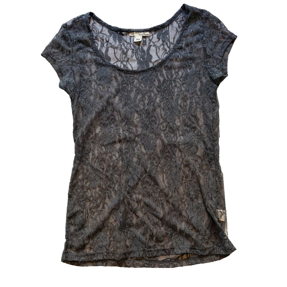 Derek Heart Top Womens L Gray Sheer Floral Lace Whimsigoth Dark Romantic Grunge